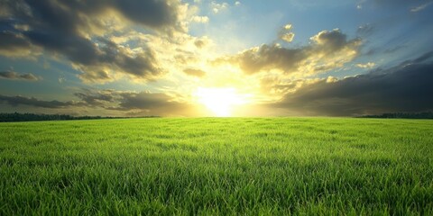 A serene landscape featuring lush green grass under a bright sky with clouds, illuminated by the warm glow of a rising sun.