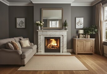 A cozy living room with soft gray walls,wooden flooring,and a white marble fireplace