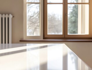 Natural Light Streams Through Windows, Illuminating a Modern Interior With a Sleek Table and a View of a Tranquil Outdoor Scene