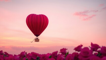 Fototapeta premium Romantic hot air balloon in the shape of a heart floating in a pink sky.