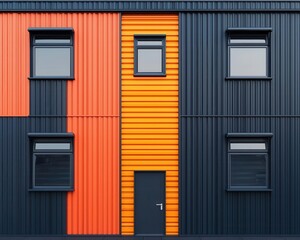 Fototapeta premium Hostel with industrial metal facade, exposed piping, and urban art installations