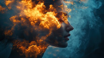 A double exposure image of a woman and vibrant clouds represents spiritual freedom, peace, and mindfulness