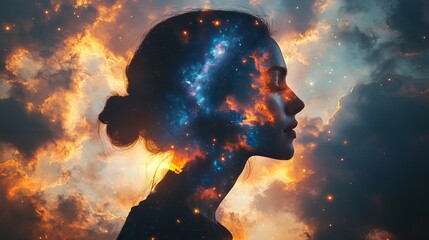 A double exposure of a woman and the galaxy creates an abstract, dreamlike scene symbolizing spirituality and zen