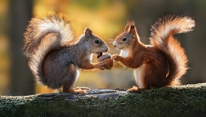 Adorable Squirrels Sharing Acorn Autumn Wildlife Nature