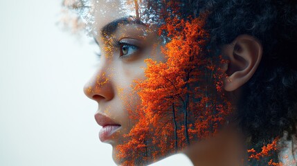 A double exposure of a woman thinking with birds, trees, and a vision for sustainability, ecology, nature, forest, perspective, animals, plants, and solutions for climate change