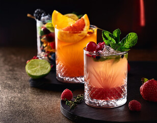 party cocktails and mocktails in clear fancy clear glass with garnish of mint leaves and lime slices on dark background