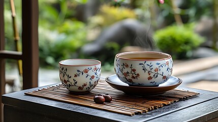Steaming tea in floral patterned cups on a table outdoors.