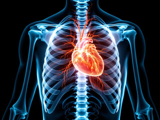 Human circulatory system with heart and major blood vessels inside the skeleton.