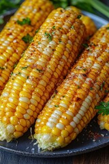 Close-up of three grilled corn on the cob seasoned with herbs and spices on a plate.