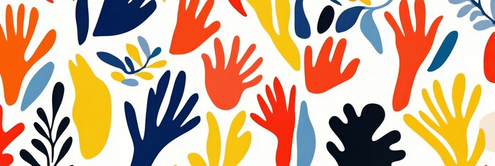 Matisse-Inspired Cutout Shapes in Bold Primary Colors on White Background with Hand and Plant Motifs. Simple, Colorful, Playful Pattern Design.
