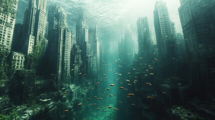 A flooded city with fish swimming, representing the impact of climate change and the future of the planet