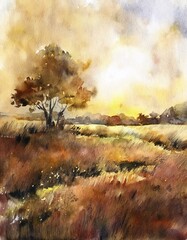 Nostalgic natural watercolor style landscape painting.