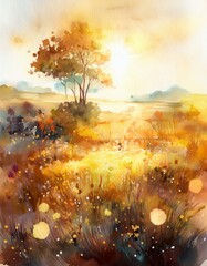 Obraz premium Nostalgic natural watercolor style landscape painting.