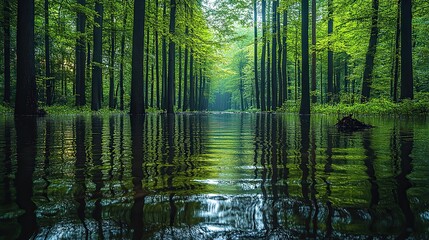 A flooded forest, showcasing the destructive effects of natural disasters and climate change on the environment