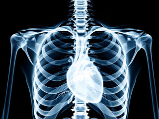 Human circulatory system with heart and major blood vessels inside the skeleton.