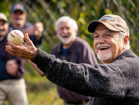 Community elder baseball groups organizing social games, gentle training, and supportive team building for active seniors