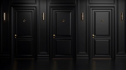 Fototapeta premium Four black doors with gold accents in a dark hallway.