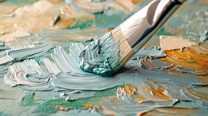 Creative process captured with paintbrush blending colors on canvas in an art studio