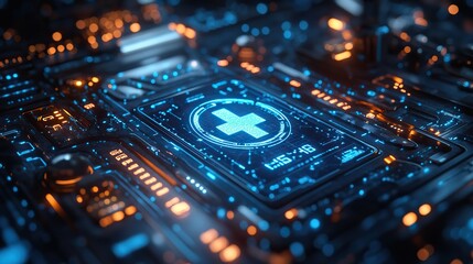Fototapeta premium A futuristic hologram of a medical aid sign represents wellness and healthcare technology, with a blue background and virtual light