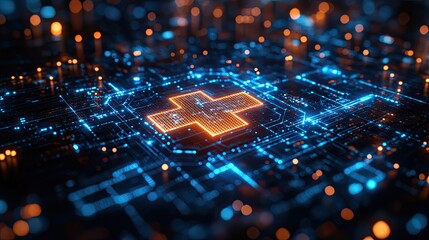 A futuristic hologram of a medical aid sign represents wellness and healthcare technology, with a blue background and virtual light