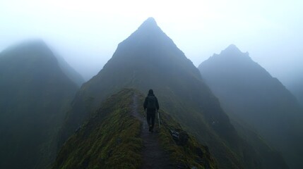 Trekking for Nature Exploration: Solo Trekker on Narrow Mountain Path Surrounded by Majestic Peaks