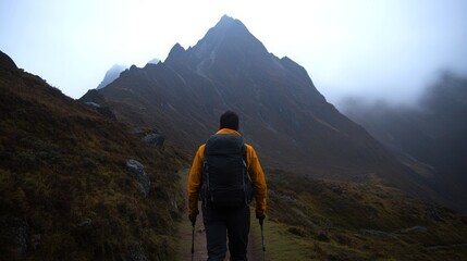Trekking for Nature Exploration: Solo Trekker on Narrow Mountain Path Surrounded by Majestic Peaks and Misty Scenery
