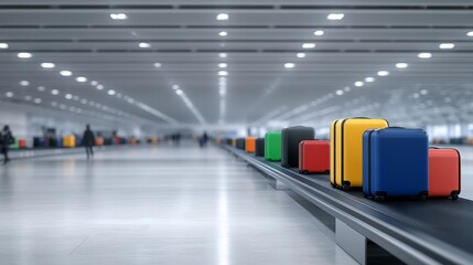 Wide Angle View of Modern Airport Hall with Vibrant Luggage on Sleek Conveyor Belt and Passengers in Blurred Motion