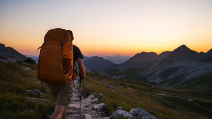 Travel Adventure: Young Solo Backpacker Crossing Rugged Mountain Trail at Sunset