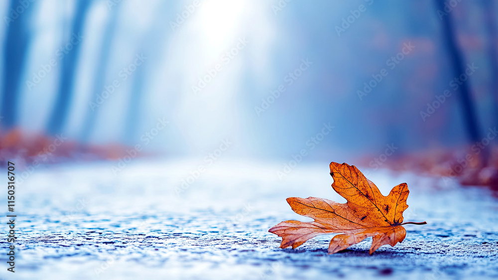 Poster Winding Path Through a Mysterious Forest Enveloped in Fog With a Solitary Leaf Resting on the Ground