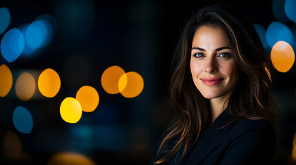Fototapeta premium A confident woman smiling in a softly lit urban environment.