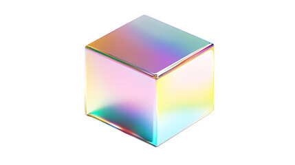 Iridescent 3D cube featuring holographic rainbow reflections and smooth surfaces Isolated on white background