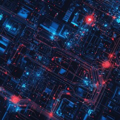 Fototapeta premium Digital Cityscape at Night Featuring Glowing Circuits and Data Paths With Red and Blue Lights Illuminating Buildings and Streets