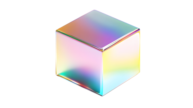 Iridescent 3D cube featuring holographic rainbow reflections and smooth surfaces Isolated on white background