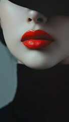 Captivating minimalist close up of a woman with vivid red lips in soft, gentle lighting