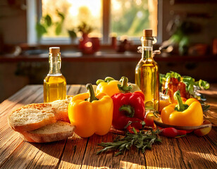 Colorful Bell Peppers, Fresh Herbs, Olive Oil Bottles and Bread on Aged Kitchen Board Rustic Cooking Scene
