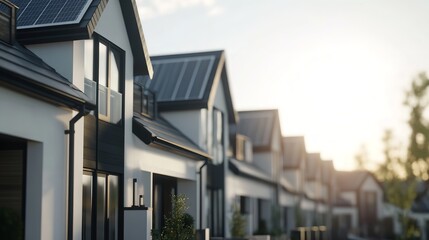 Obraz premium Eco-Friendly Homes with Solar Panels in a Sustainable Housing Development Beneath the Sky