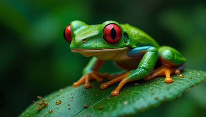 A vibrant red-eyed tree frog perched on a green leaf, showcasing its striking colors and unique features.