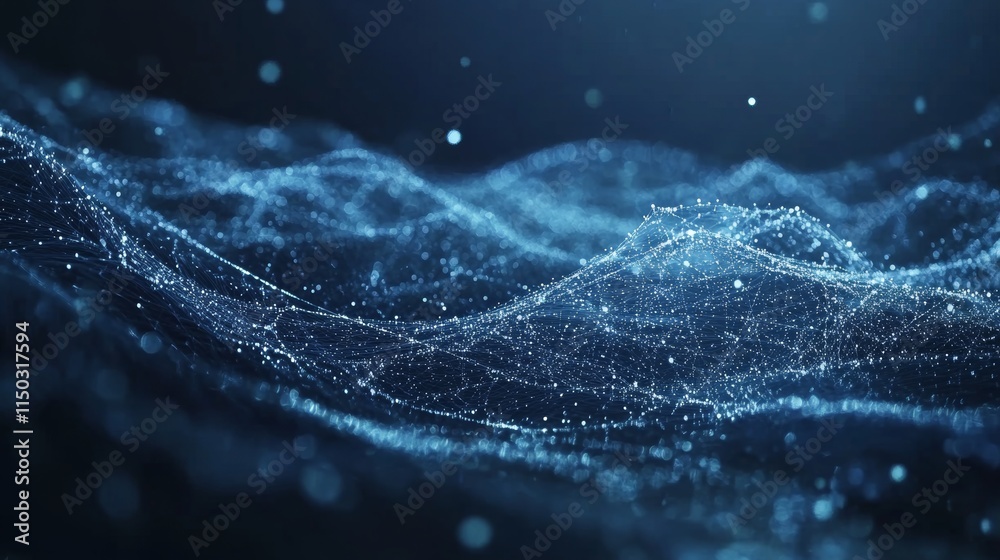 Poster dynamic waves of blue light particles create a mesmerizing visual effect in an abstract digital scen