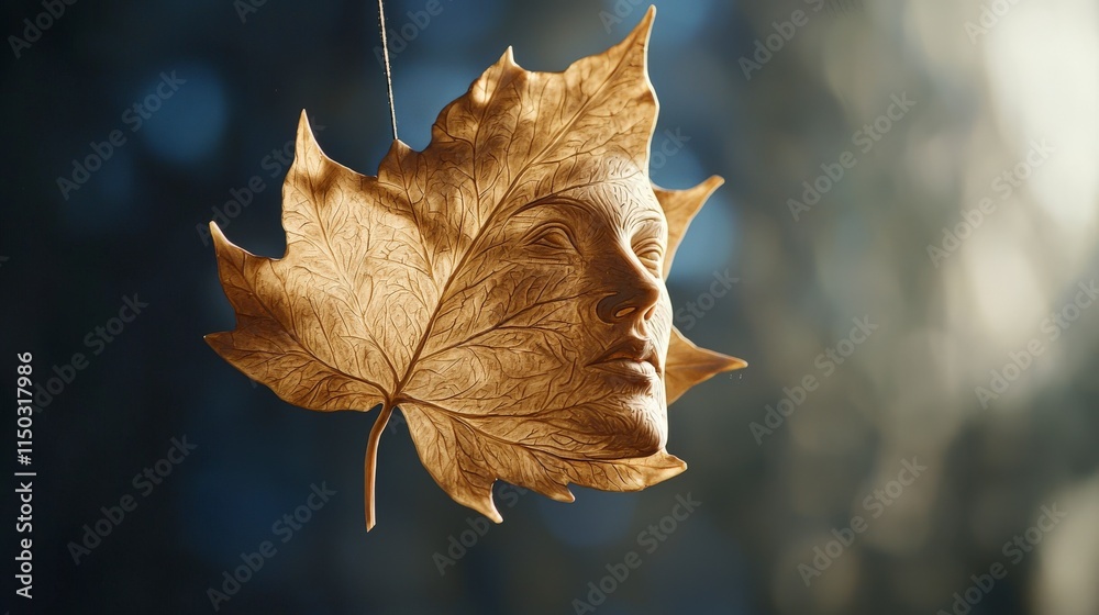 Poster intricate carved maple leaf portrait of a human face nature setting artistic detail close-up view un