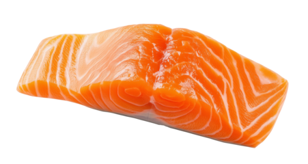 a piece of sliced raw salmon meat, fresh salmon sashimi cut fillet isolated on transparent background, cutout png