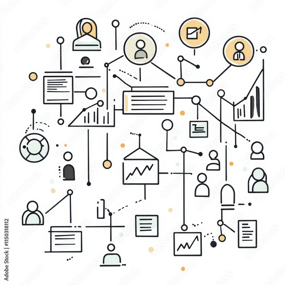 Poster artistic representation of data connections with figures, graphs, and icons illustrating digital com