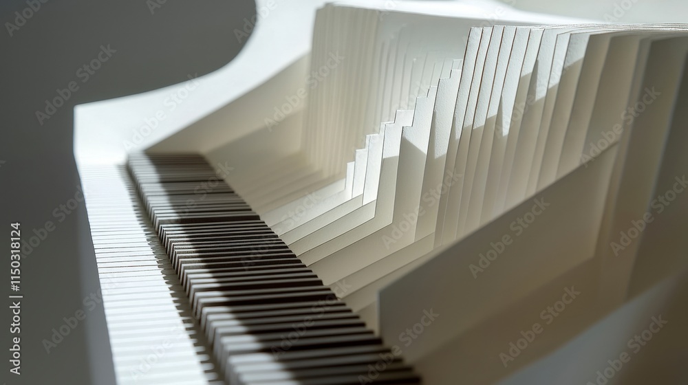 Poster intricate paper piano display studio setting photography artistic shadows closeup perspective creati