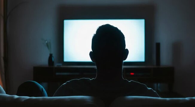 Silhouette of young man watching tv at night in the dark
