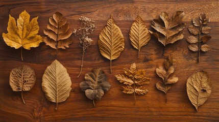 Fototapeta premium Dried leaves collection display natural setting botanical art symmetrical patterns close-up view nature's beauty