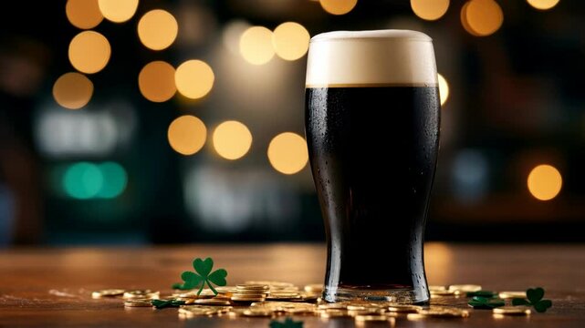 Traditional Irish stout beer with golden coins and shamrock decorations on wooden table. St Patrick's Day celebration concept. Festive pub atmosphere with bokeh lights. Holiday drink with copy space