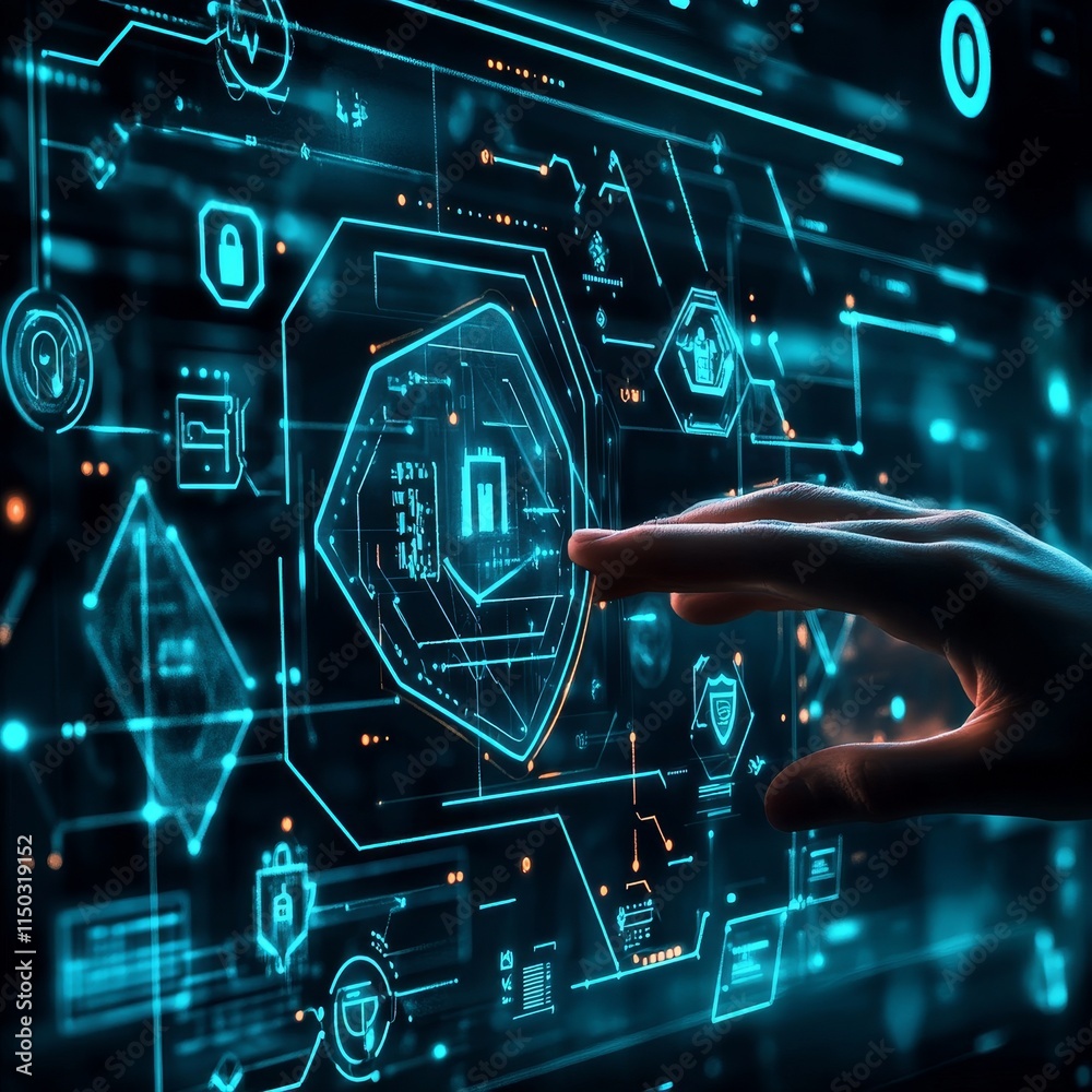 Aufkleber Touching the Digital Interface Displaying Futuristic Technology and Data Security Concepts in a Virtual Environment During a Nighttime Setting