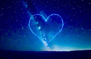 Starry night sky with glowing heart-shaped stars - romantic celestial scene. Valentines day background.