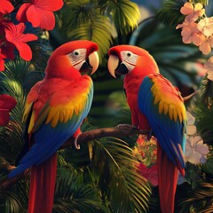 Obraz premium Vibrant Scarlet Macaws Amid Tropical Flora and Colorful Blossoms