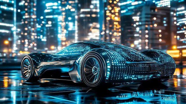 Futuristic Luxury Sports Car with Digital Light Pattern Design. Concept Vehicle in Night City Scene with Neon Reflections. Modern Automotive Technology Vision with Copy Space