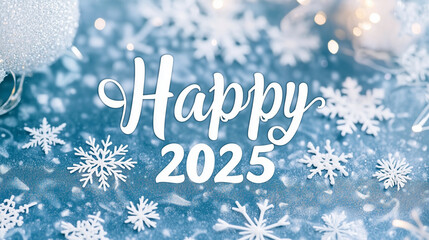 "Happy 2025" written in curly white text on a blue frosted background with snowflakes New Year, greeting card, banner